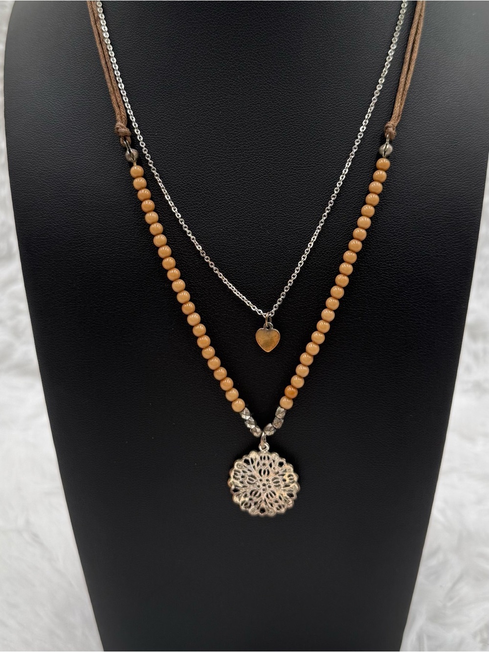 Aeropostale Layered Boho Necklace with Silver Filigree Pendant Heart Charm Beads